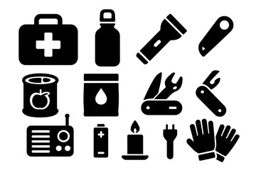 Obraz premium Emergency kit essentials icon set. Survival gear and disaster preparedness equipment silhouettes. Vector illustration of first aid, food, water, and tools for survival.