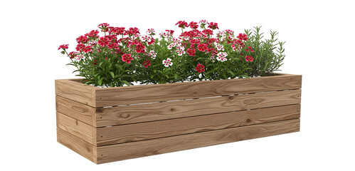 Wooden Planter Box Filled with Red and White Flowers and Green Foliage on White Background garden isolated on a transparent background