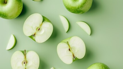 Fresh Green Apples Sliced and Whole Scattered Across a Light Green Surface