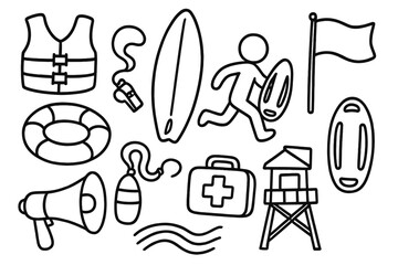 Lifeguard doodle icon set. Lifesaving and rescue elements. Beach safety symbols. Vector cartoon illustration with life vest, surfboard, first aid kit, tower, and buoy.