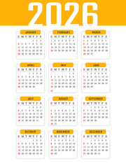 2026 Year Calendar Template Vector