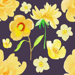 seamless floral background. Yellow flowers on  on dark blue background