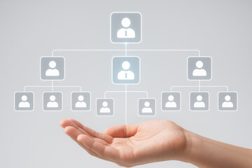 Hand holding organizational chart with business icons and connection lines