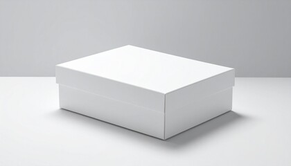 Fototapeta premium A simple white rectangular box with a closed lid, isolated on a neutral gray background, symbolizing a blank canvas for branding, mystery, and new beginnings