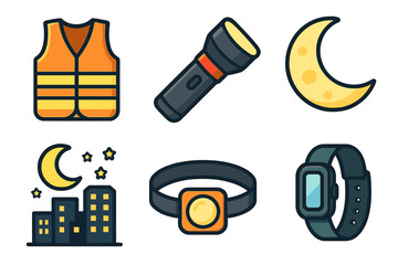 Night safety gear icon set. Vector flat illustration. Safety vest, flashlight, headlamp for running. Urban nightscape, moon, smartwatch. Outdoor activity concept.