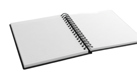 Open photorealistic spiral notebook with blank, transparent pages and transparent rules, black wire binding, on a transparent background with copy space. Concept of organization and potential