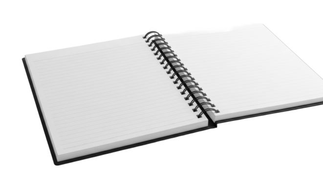 Open photorealistic spiral notebook with blank, transparent pages and transparent rules, black wire binding, on a transparent background with copy space. Concept of organization and potential