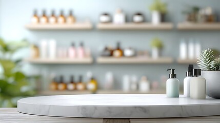 Cosmetic Display Mockup with Marble Platform and Blurred Beauty Product Shelves