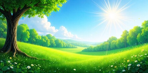 Serene landscape with lush greenery, clear blue sky, and gentle sunlight creating a peaceful and healthy atmosphere Perfect for concepts of wellness, tranquility, and natural beauty , garden, trees