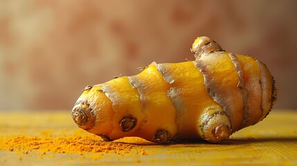 Naklejka premium Fresh Turmeric Root with Spice Powder on Wooden Surface