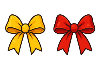 Vector bow set. Gift ribbon knot. Red and yellow bows. Birthday present wrap decoration. Christmas holiday element. Celebration symbol. Cartoon style isolated illustration.