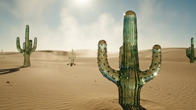 Glass cacti in a desert landscape (1)