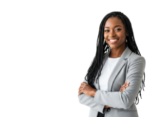 Young African American woman, late 20s, with black dreadlocks, wearing business casual blazer, smiling confidently on high-key white background with copy space, concept of professional success