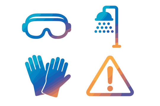 Set of gradient safety icons. Personal protective equipment, PPE. Vector illustration of goggles, gloves, emergency shower, and hazard warning sign for workplace safety.