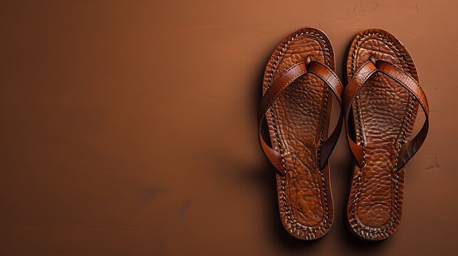 Pair of rustic handcrafted leather flip flop sandals on brown background - Powered by Adobe