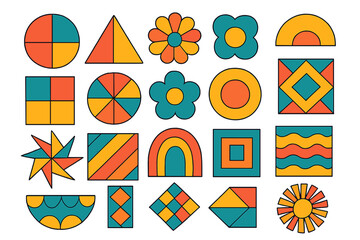 Big set of retro 70s geometric shapes. Groovy abstract basic figures collection. Vintage minimalist elements. Hippie style daisy flower, sun, and rainbow icons for design.