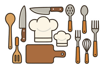 Cooking utensils and chef hat icon set for culinary concepts. Vector illustration of kitchen tools like knife, spoon, fork, and whisk for restaurant menus or gastronomy blogs.