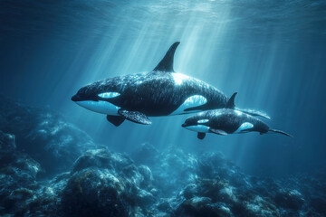Naklejka premium Majestic Orcas Swimming Gracefully in Clear Ocean Waters Beneath Bright Sunlight Rays