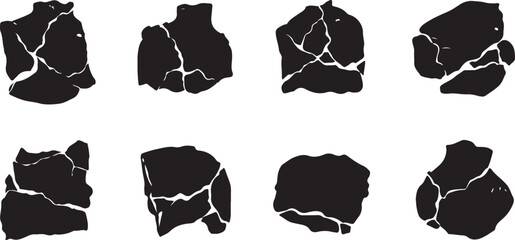 A Series of Isolated Cracked Stone Shapes Depicting Nature's Impermanence and the Sculpting Power of Time Across Varied Forms