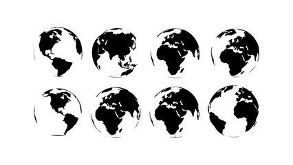Earth globe continents black and white with transparent background