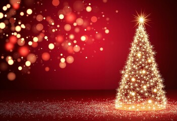 Christmas background with xmas tree and sparkle bokeh lights on red canvas background. Merry christmas card. Winter holiday theme. Happy New Year. Space for text
