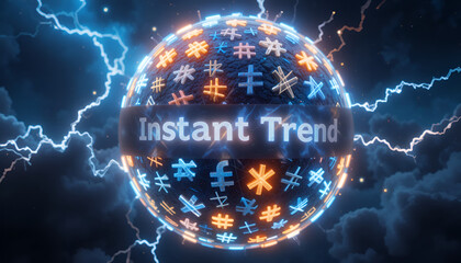 A captivating digital sphere, intricately designed with a mosaic of hashtags and currency symbols, enveloped by energetic lightning and atmospheric clouds, symbolizing instant financial trends