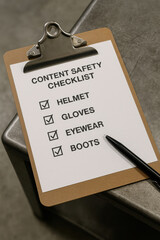 Content safety checklist with helmet gloves eyewear and boots checked on clipboard
