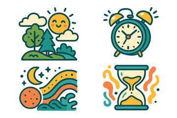 Vector illustration set of nature and time concepts. Day and night landscape with sun and moon. Alarm clock and hourglass for deadlines. Playful cartoon sticker pack for design.