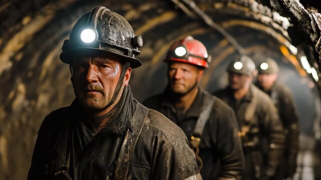 Caucasian coal miners going down a coal mine