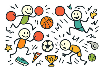 Stick figure sports doodle collection. Playful dodgeball game with dynamic characters. Vector cartoon illustration set with basketball, soccer ball, and championship trophy.