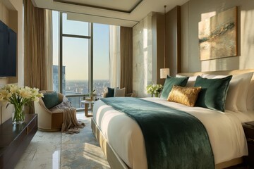 Luxurious modern hotel bedroom with city view