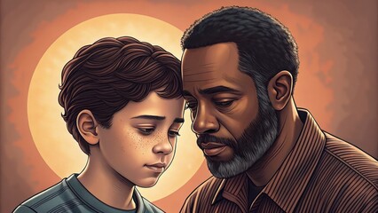 single dad son talking concept. A touching moment between a father and son in an artistic style.