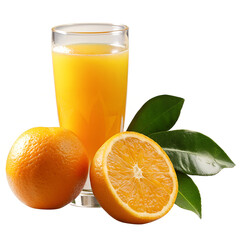 Fresh orange juice glass with whole and sliced oranges isolated on transparent background, healthy citrus beverage rich in vitamin c, organic drink concept for diet, nutrition, wellness and lifestyle 