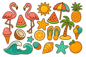 Summer beach icon set. Tropical vacation cartoon sticker collection. Flamingo, palm tree, sun, wave, sea shell, tropical fruit, ice cream. Vector illustration isolated.