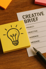 Creative brief paper with pen and sticky note showing light bulb idea on wooden desk