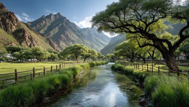 Picturesque valley with a clear stream, lush trees, and mountains