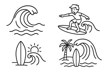 Surfing outline illustration set. Vector line art icons of surfer, ocean waves, surfboard on beach with sun and palm tree. Summer water sport and travel adventure concept.