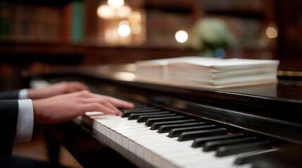 Sacred choir director leading rehearsal in a church music room with a grand piano and stacked hymnals shown in a high end photo with exceptional detail soft focus blur and