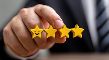 Hand holding three yellow stars with smiley faces