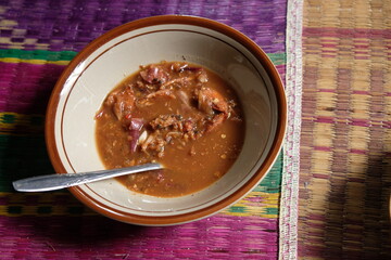 chili paste and torch ginger flower. Sundanese chili sauce. Indonesian food. sambal terasi kecombrang.