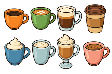 Coffee cup variety set. Vector cartoon illustration of different drinks like latte, cappuccino, espresso, and macchiato. Hot beverage icon collection for cafe menu design.