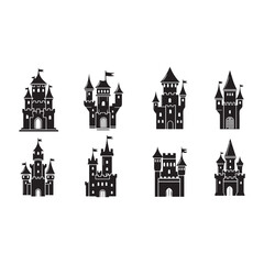 Fototapeta premium Set of fairytale castles, elegant towers with flags, architecture illustration in flat design, simple castle buildings for logo
