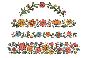 Set of cute hand-drawn floral borders. Colorful flower dividers in a groovy retro cartoon style. Vector illustration elements for stationery, scrapbooking, and design.