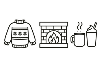 Cozy winter icons set with ugly sweater, fireplace, and warm drinks. Vector line art illustration. Hygge lifestyle concept with hot coffee, cocoa, and home comfort elements.