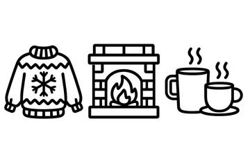 Cozy winter icons set. Simple line art vector illustration. Ugly Christmas sweater with snowflake, warm fireplace, hot drink, coffee or tea mug. Hygge concept symbol.