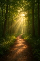 Fototapeta premium forest path with golden sunlight shining through trees