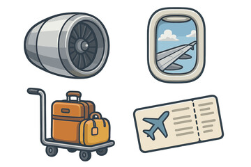 Vector cartoon icon set for air travel and aviation. Includes airplane engine, window view, luggage cart, and boarding pass. Flight, vacation, and airport symbols.