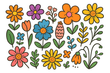 Groovy retro flowers collection. Hand-drawn doodle floral elements set. Cute 70s cartoon botanical illustration. Vibrant hippie spring summer design vector pack. Nature.
