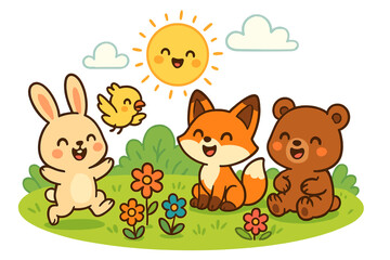 Cute cartoon animals friends on sunny summer meadow. Happy kawaii bear, fox, rabbit and bird characters in nature. Vector illustration for children, kids greeting card.