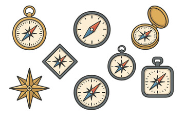 Vector compass set for navigation and travel. Collection of cartoon compass icons and wind rose symbol. For direction, exploration, adventure, and discovery journey concepts.